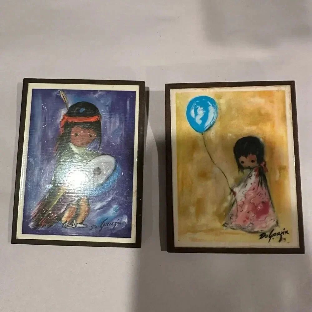 Vintage Ted DeGrazia Art on Wood Plaques Wall Decor Vintage Girl with Ballon and